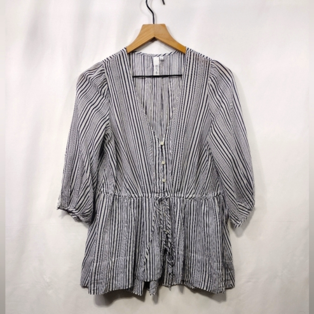 Sine Silk Blend Pin Stripped Babydoll Top Women's 4 White Blue Retro 90s Y2K